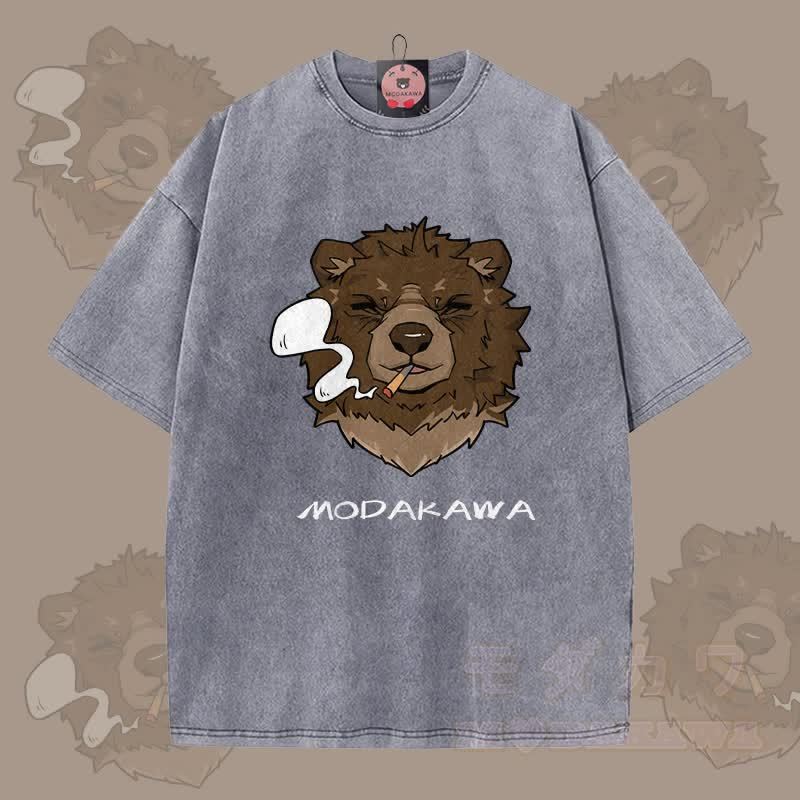 MODAKAWA Smoking Bear Grafik Unisex Vintage Washed T-Shirt - Grau - 5XL - image 5