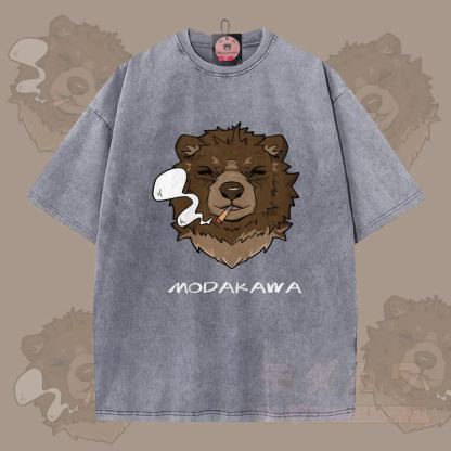 MODAKAWA Smoking Bear Grafik Unisex Vintage Washed T-Shirt - Grau - 5XL - image 5
