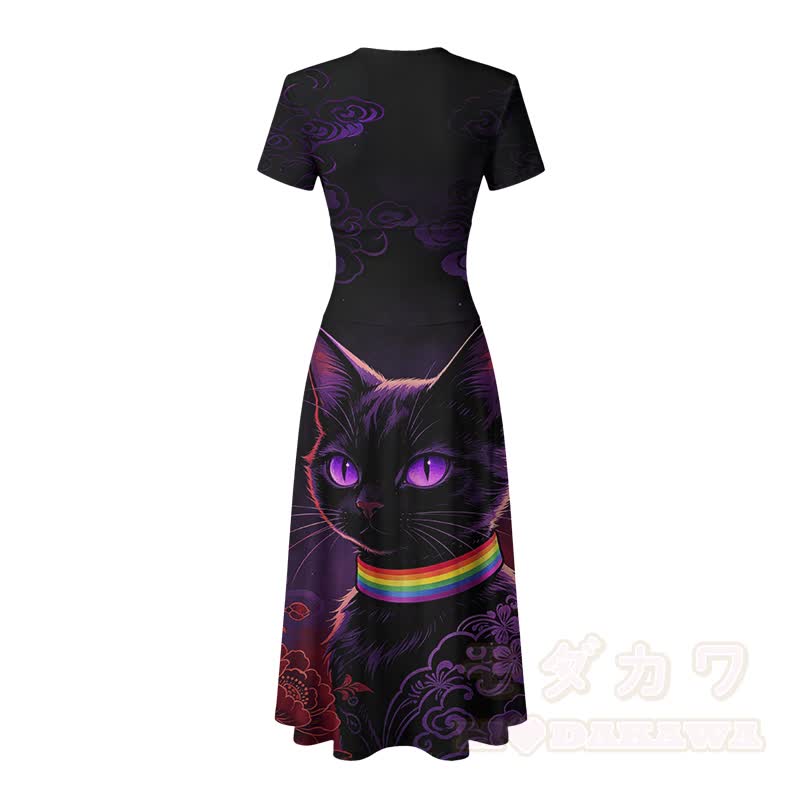 Modakawa Maxikleid mit schwarzem Katzenmotiv, Regenbogenkragen und V-Ausschnitt - image 4