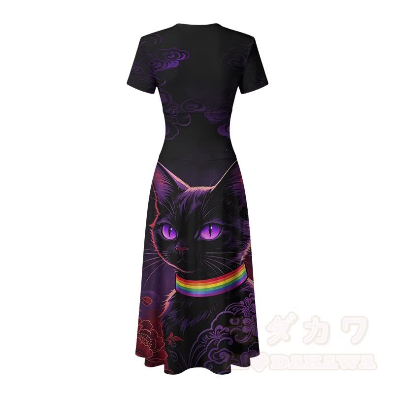 Modakawa Maxikleid mit schwarzem Katzenmotiv, Regenbogenkragen und V-Ausschnitt - image 4