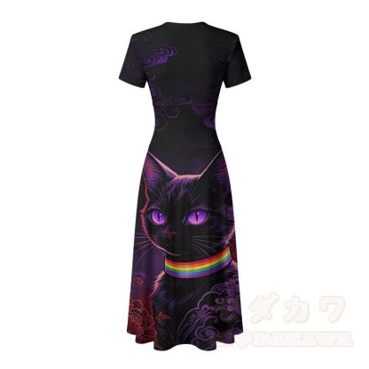 Modakawa Maxikleid mit schwarzem Katzenmotiv, Regenbogenkragen und V-Ausschnitt - image 4