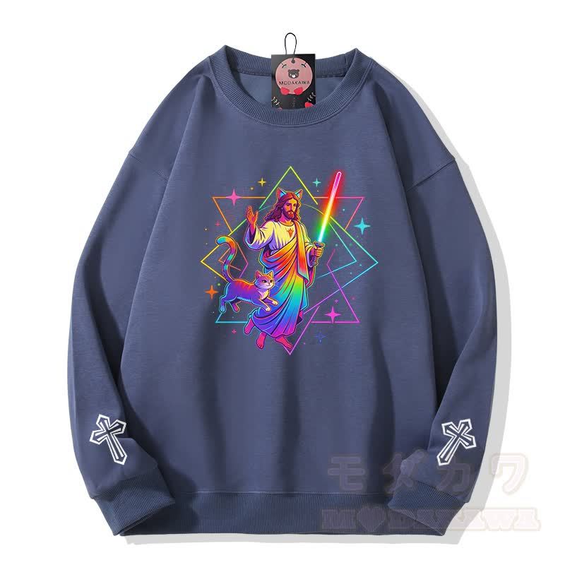 Modakawa Sweatshirt mit Regenbogen-Gebetskatzen-Kreuz-Grafik - Staubiges Blau - 5XL - image 4