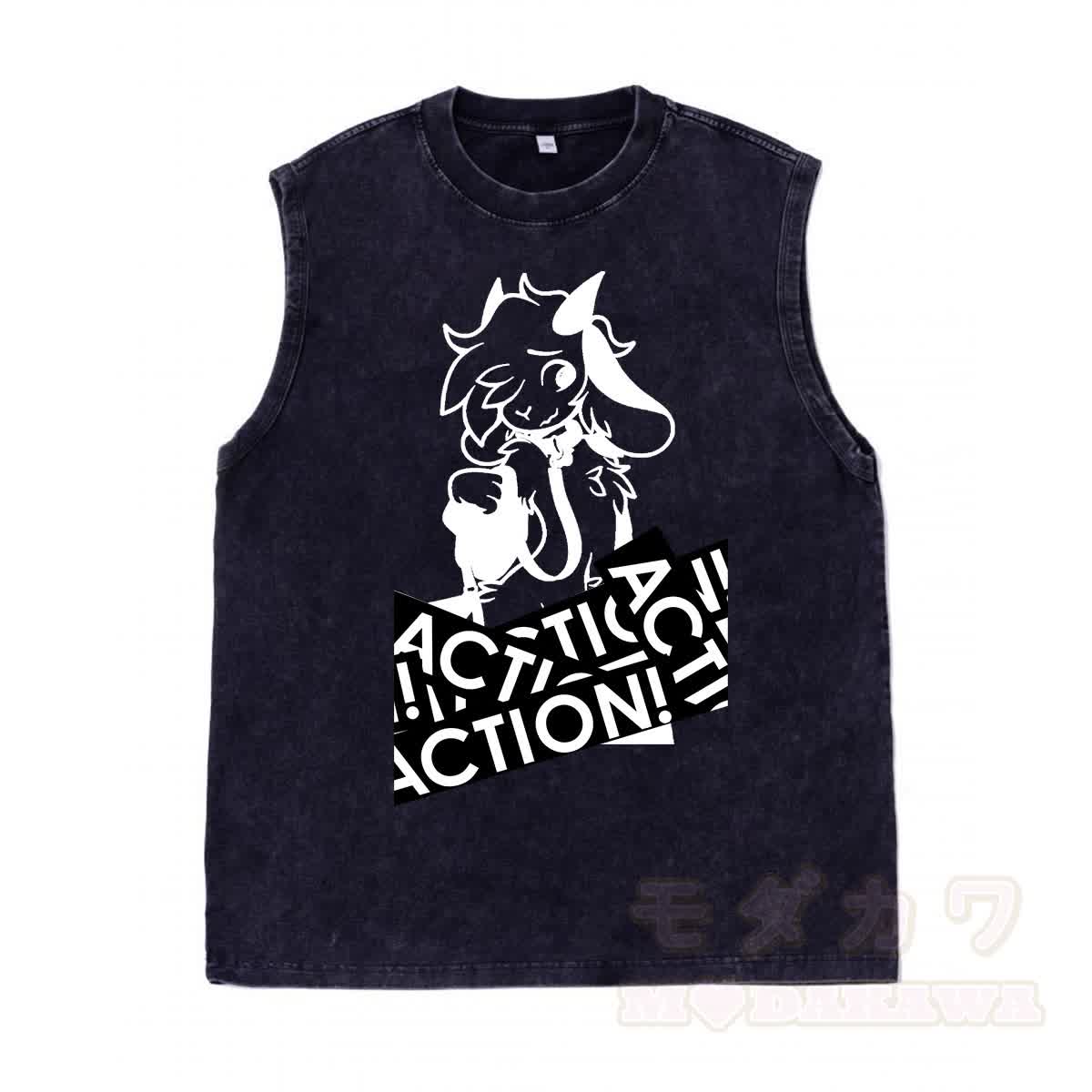 MODAKAWA X zarckets Anime Goat Graphic Unisex Vintage Washed Sleeveless T-shirt - Schwarz - 2XL - image 4