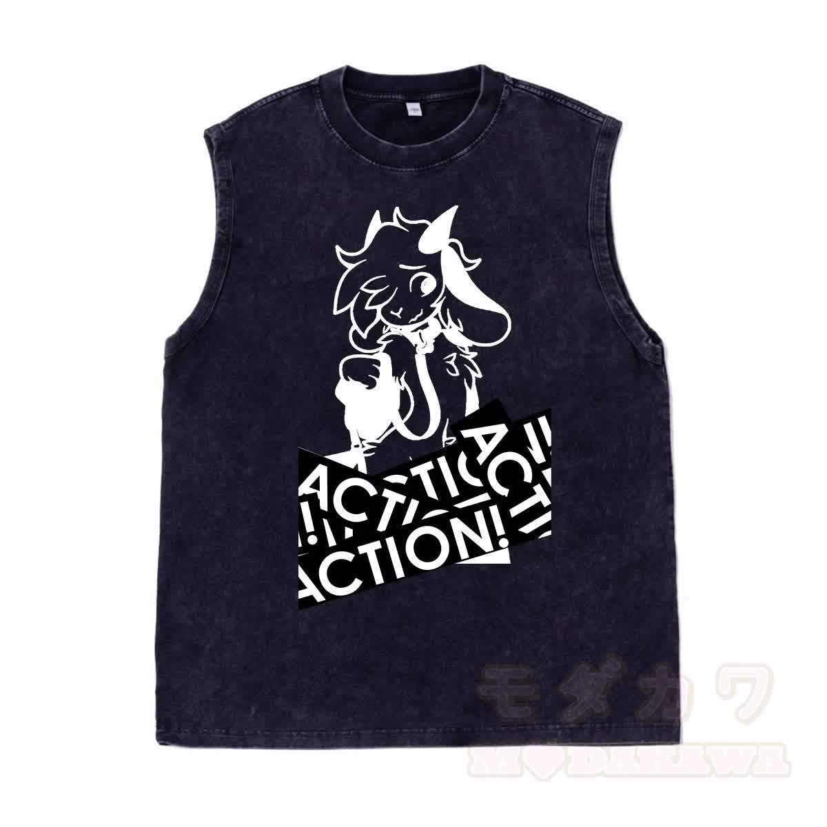 MODAKAWA X zarckets Anime Goat Graphic Unisex Vintage Washed Sleeveless T-shirt - Schwarz - 2XL - image 4