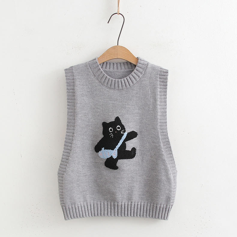 Dreiteiliges Set aus Strickweste, Bluse und Rock mit Rundhalsausschnitt und Katzenmotiv - Graue Weste - One Size - image 9