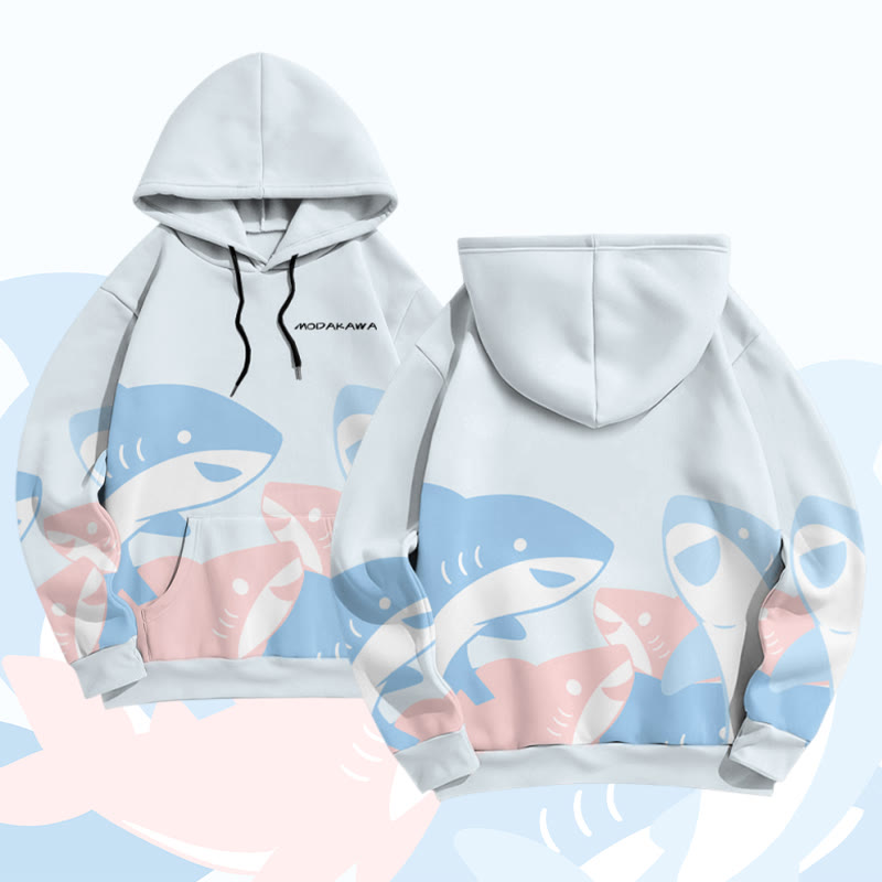 MODAKAWA Pullover-Hoodie mit lustigem Hai-Motiv und Allover-Print - Light Blue - 8XL - image 2