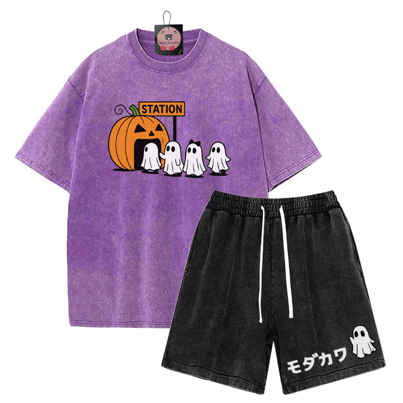 T-Shirt mit Kürbisgeist-Print, verwaschene Vintage-Shorts , MODAKAWA Zweiteiler-Set - Purple&Black - 3XL - image 12