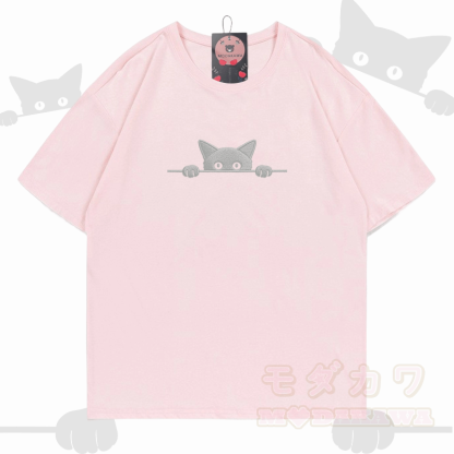 Modakawa Baumwoll-T-Shirt mit niedlicher Katzenstickerei - Rosa - 5XL - image 6