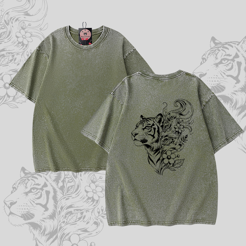 Modakawa Unisex Vintage Washed T-Shirt mit Tigerblumenmuster - Green - 5XL - image 5