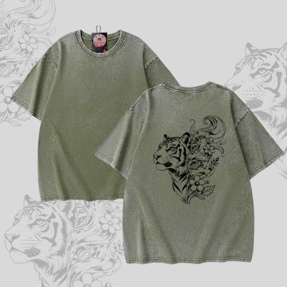Modakawa Unisex Vintage Washed T-Shirt mit Tigerblumenmuster - Green - 5XL - image 5