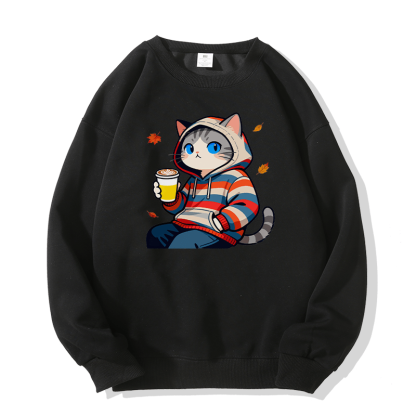 Sweatshirt mit Rundhalsausschnitt und Katzenmotiv im Herbst-Look - Black - 5XL - image 4