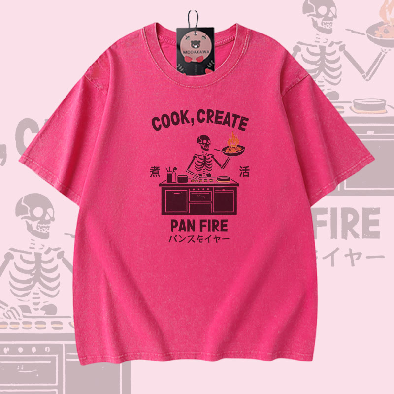 COOK CREATE PAN FIRE Skelett-Grafik Modakawa Vintage Washed 100% Cotton T-Shirt - Rose Red - 5XL - image 4