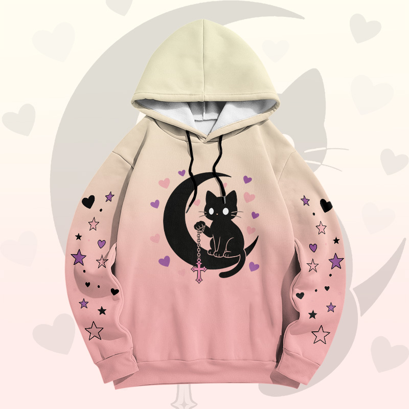 Modakawa Pullover-Hoodie mit Farbverlauf, schwarzer Katze und Mond-Grafik - Pink - 6XL - image 6