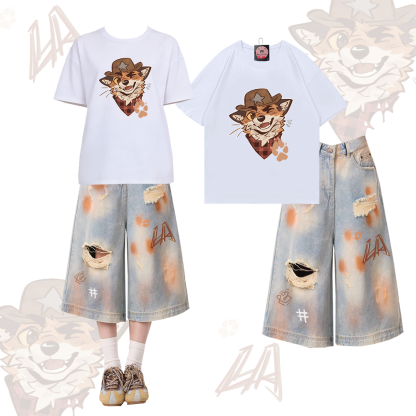 MODAKAWA X atka Fox Graphic 100% Baumwoll-T-Shirt, Ripped Cropped Denim Jeans Zweiteiler-Set - White & Blue - XL - image 3