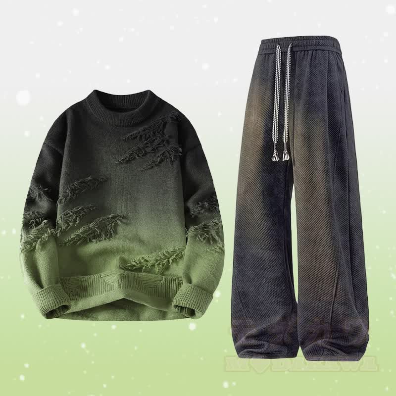 Zweiteiliger Strickpullover mit Farbverlauf und Rissen, dazu eine fleecegefütterte Hose - Set E - 4XL - image 5