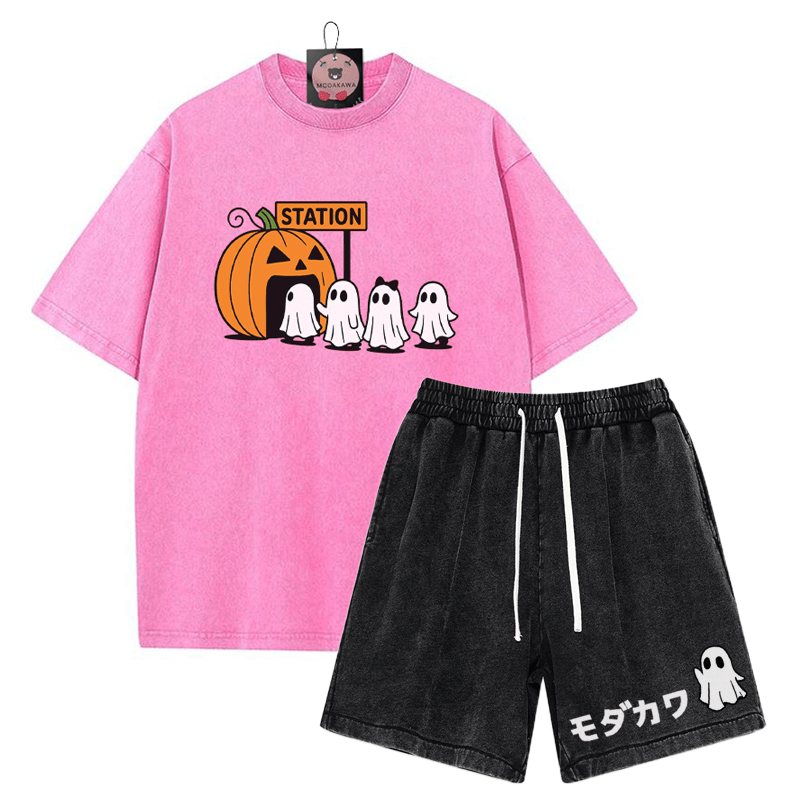T-Shirt mit Kürbisgeist-Print, verwaschene Vintage-Shorts , MODAKAWA Zweiteiler-Set - Rose Red&Black - 3XL - image 13