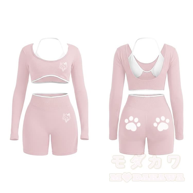 Kitty Graphic Tight Long Sleeve Yoga Top & Shorts Set - Light Pink - XL - image 6