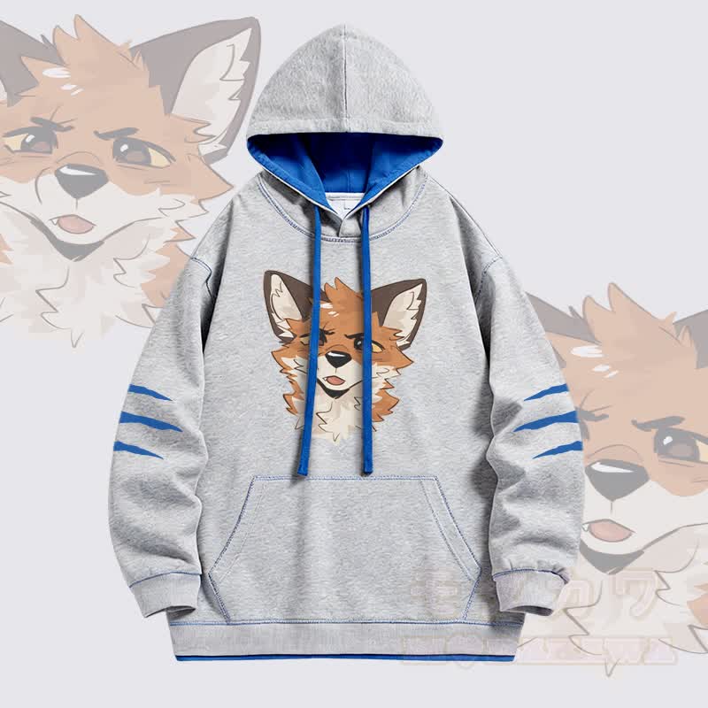 MODAKAWA X atka Squinty Fox Graphic Oversized Contrast Lining Pullover Hoodie - Grau - 4XL - image 3