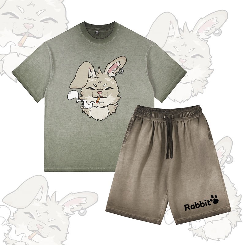 Nabi Smoking Bunny Grafik Vintage Washed T-Shirt RABBIT Buchstaben Grafik Shorts Modakawa Gradient Zweiteiliges Set - Olive Green - 5XL - image 4