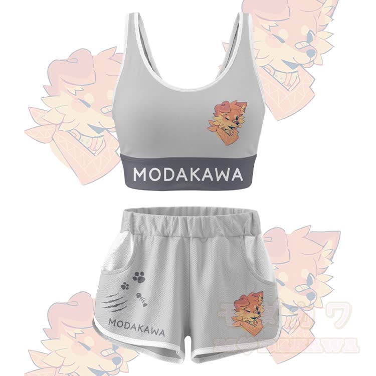 MODAKAWA X popipeko Wink Puppy Graphic Crop Tank Tank Sport Top Shorts Bikini Matching Outfit - Graues Set - 5XL - image 16