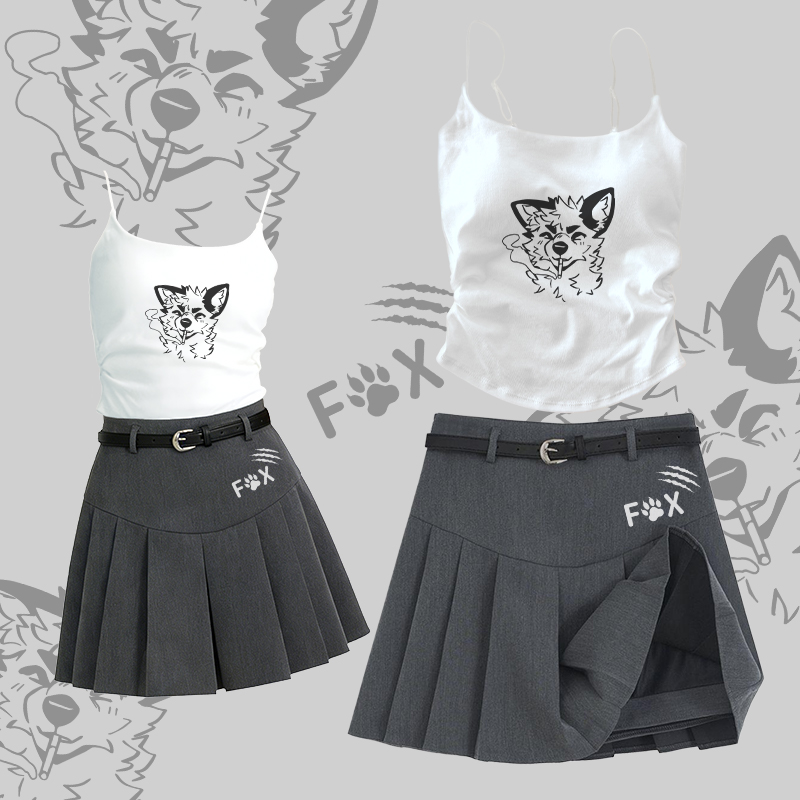 MODAKAWA X atka Smoking Fox Graphic Camisole Belt Pleated Skirt Two Pieces Set - Set B - L - image 2
