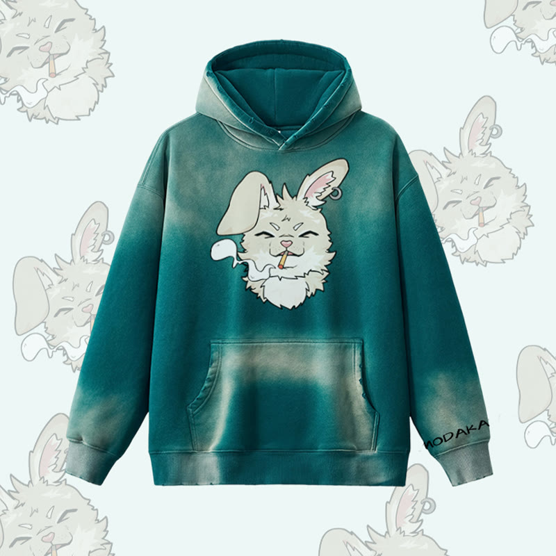 MODAKAWA Smoking Bunny Grafik Vintage Washed Fleece Lined Hoodie - Green - 2XL - image 4
