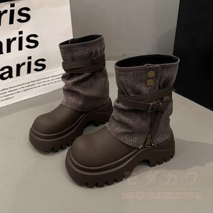 Vintage-Plateau-Ankle-Boots mit dicker Sohle, Patchwork-Design, seitlichem Reißverschluss und Martin-Stil - Braun - 40 - image 6