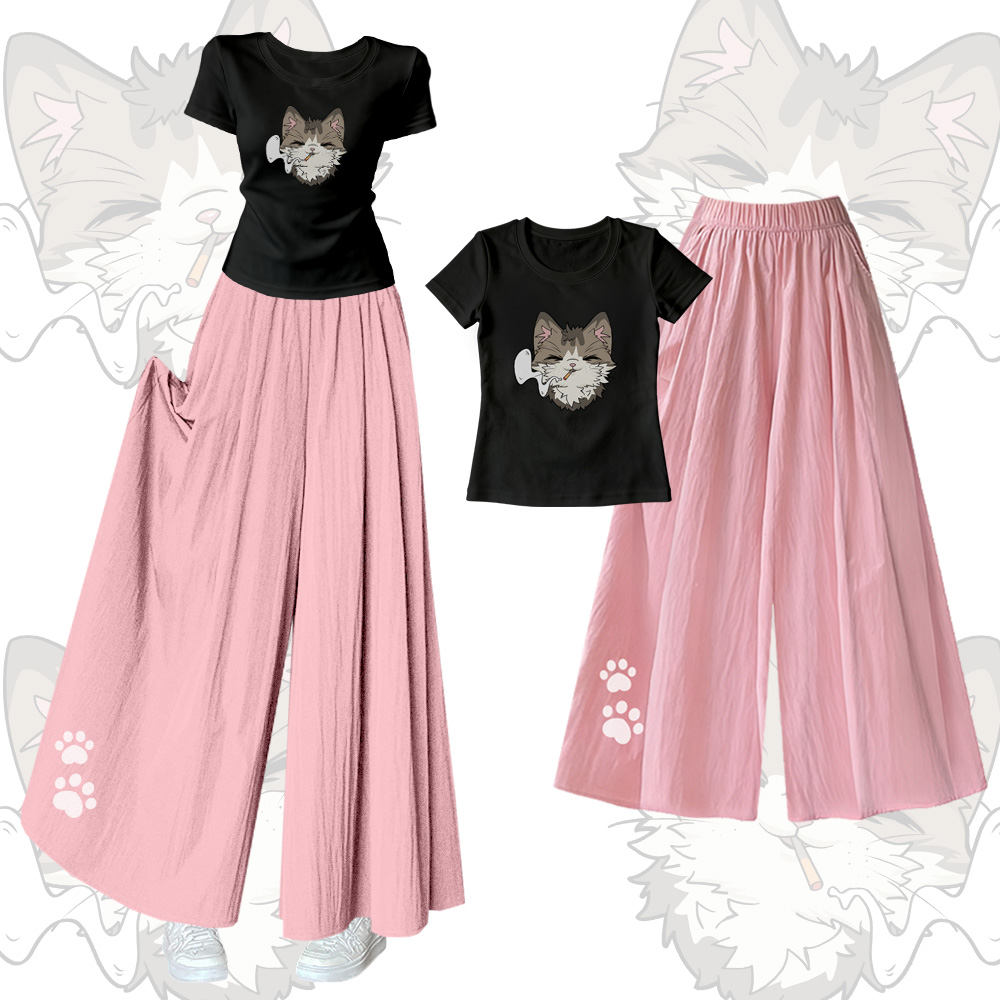 Smoking Cat Grafik-T-Shirt mit U-Ausschnitt, weite Hose, Modakawa passendes Outfit - Set B - XL - image 2