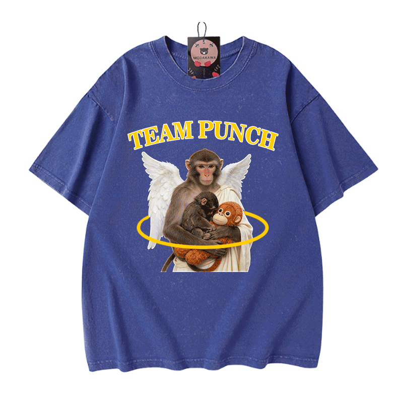 TEAM PUNCH Angel Monkey Graphic Modakawa Unisex Vintage Washed T-Shirt - Blue - 5XL - image 6