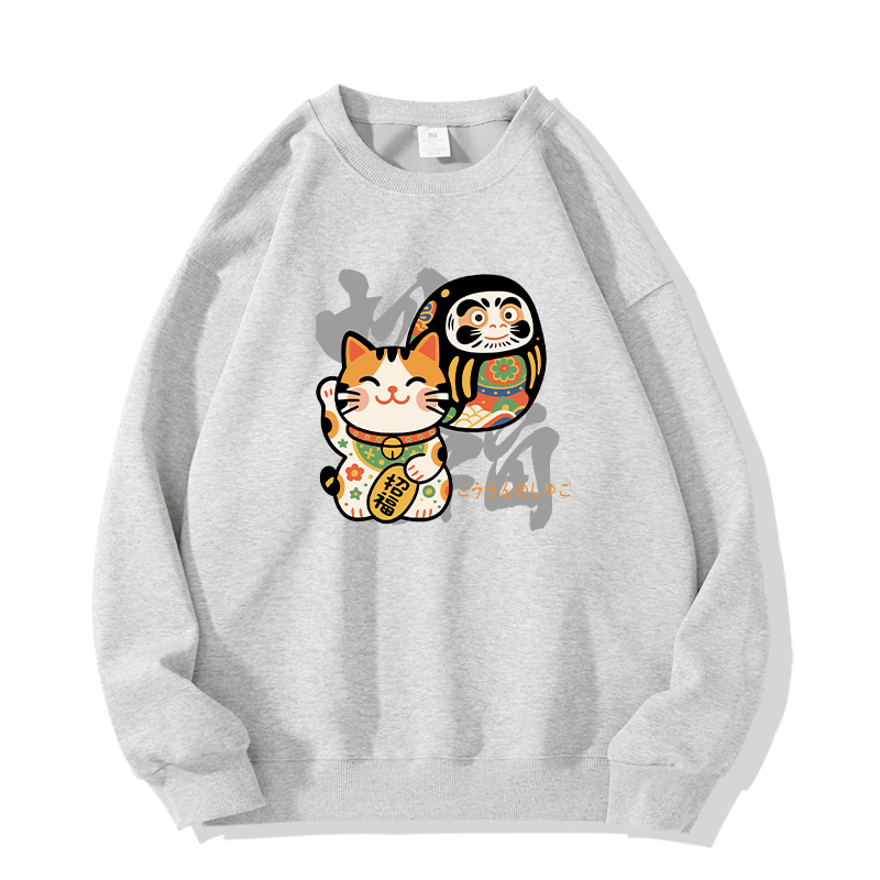 Lucky Cat Daruma Doll Grafik Rundhals-Sweatshirt - Grey - 5XL - image 3