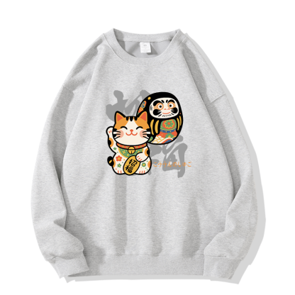 Lucky Cat Daruma Doll Grafik Rundhals-Sweatshirt - Grey - 5XL - image 3