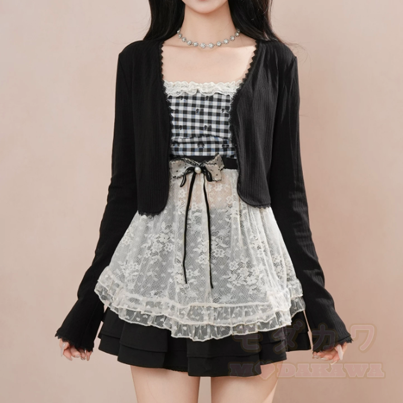 Dreiteiliges Set aus kariertem Spitzen-Cami-Top, langärmeliger Rüschen-Cardigan und Rock - Cardigan + Trägertop + schwarzer Rock - XL - image 7