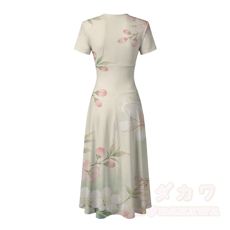 Modakawa Maxikleid mit Kirschblütenmuster und V-Ausschnitt - image 4