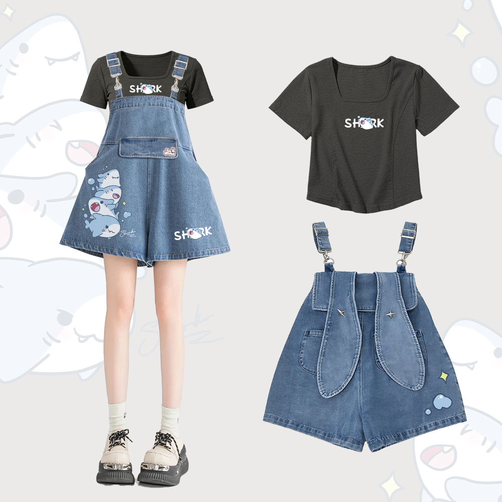 Zweiteiliges Set von Modakawa: Hai-Grafik-T-Shirt mit eckigem Ausschnitt, Jeans-Latzhose mit Hasenohren - Set B - 2XL - image 2