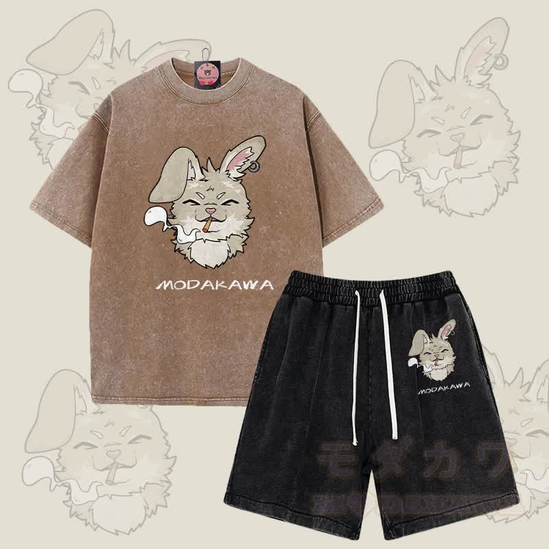 MODAKAWA Smoking Bunny Grafik Vintage Washed T-Shirt Shorts Zweiteiliges Set - Braun & Schwarz - 3XL - image 5