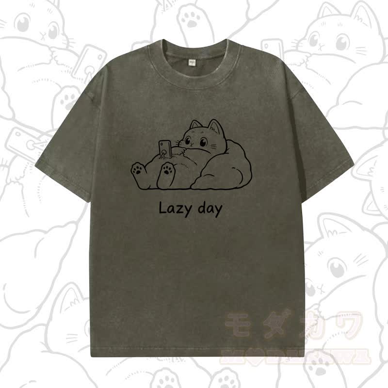MODAKAWA LAZY DAY Kurzarm-T-Shirt mit niedlichem Katzenprint - Dunkelgrün A - 5XL - image 4