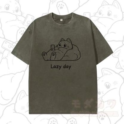 MODAKAWA LAZY DAY Kurzarm-T-Shirt mit niedlichem Katzenprint - Dunkelgrün A - 5XL - image 4