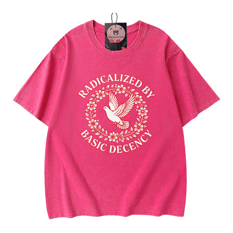 RADIKALISIERT DURCH GRUNDLEGENDE ANSTÄNDIGKEIT Taubengrafik Modakawa Vintage Washed 100% Baumwoll-T-Shirt - Rose Red - 5XL - image 6