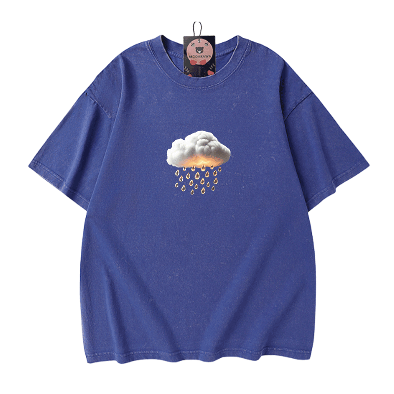 Modakawa Unisex Vintage Washed T-Shirt mit Wolkenregen-Grafik - Blue - 5XL - image 7