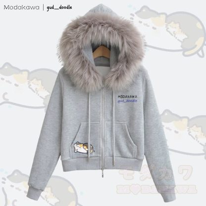 MODAKAWA x gud_doodle Kapuzenpullover mit Reißverschluss und Fleecefutter, Kunstpelzbesatz und Schlafkatzenmotiv - Grau - L - image 3