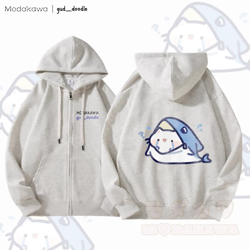 MODAKAWA X gud_doodle Kitty Shark Grafik Fleece gefütterter Kapuzenpullover mit Reißverschluss - Hellgrau - 5XL - image 4