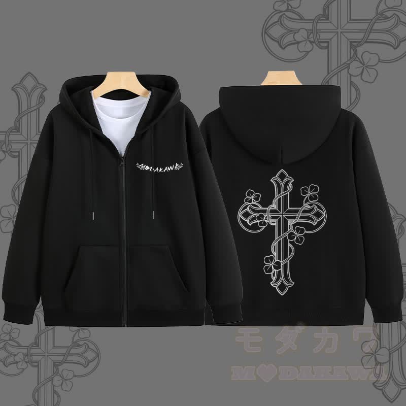 MODAKAWA Kapuzenpullover mit Reißverschluss und floralem Kreuzmuster - Schwarz - 5XL - image 5