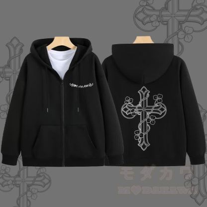 MODAKAWA Kapuzenpullover mit Reißverschluss und floralem Kreuzmuster - Schwarz - 5XL - image 5