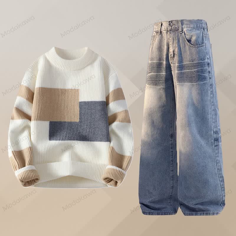 Zweiteiler: Strickpullover mit Farben -Design und Jeans - Satz C - 3XL - image 3