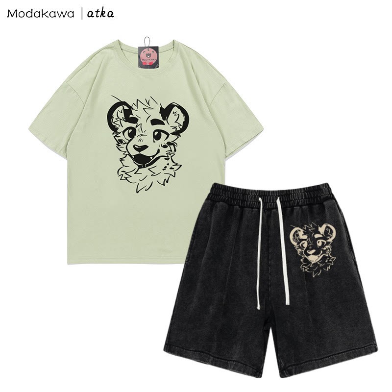 Freches T-Shirt mit Tigergesicht-Grafik und verwaschenen Vintage-Shorts, zweiteiliges Set - Green&Black - 3XL - image 9