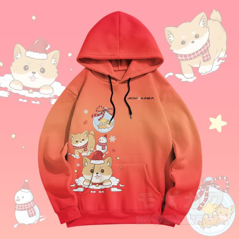MODAKAWA Pullover-Hoodie mit Farbverlauf und Weihnachtsmotiv „Welpe“ (Allover-Print) - Rot - 5XL - image 3