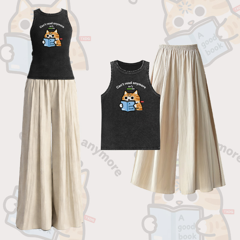 Ich kann nicht mehr lesen! Katzenmotiv Vintage-gewaschenes ärmelloses T-Shirt, ärmellose Hose mit weitem Bein, Modakawa Zweiteiler - Set B - L - image 2