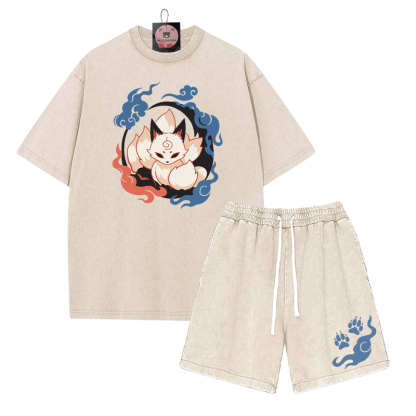 Neunschwänziges Fuchs-T-Shirt, Paw Flame-Shorts, Vintage-gewaschene Streetwear, zweiteiliges Set - Apricot - 3XL - image 4