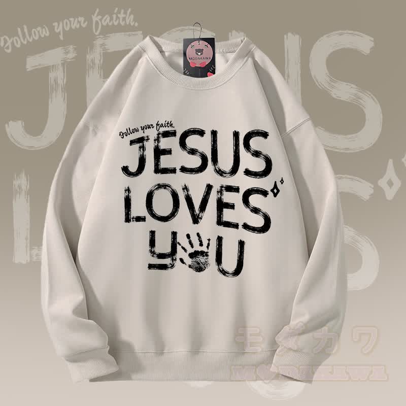 MODAKAWA JESUS ​​LOVES YOU Grafik Unisex Sweatshirt - Hellbeige - 5XL - image 4