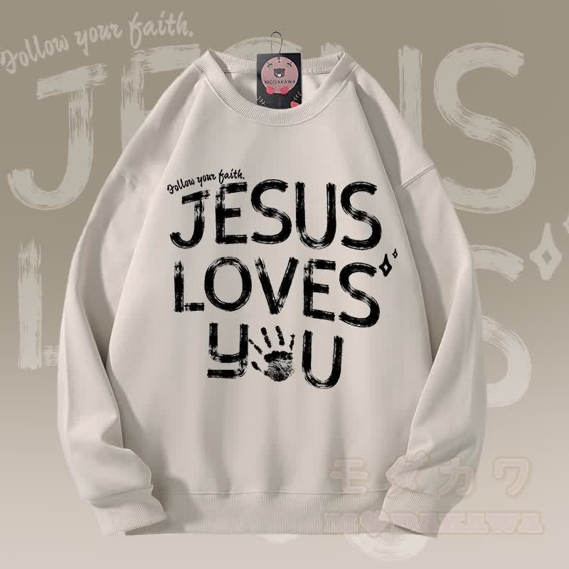 MODAKAWA JESUS ​​LOVES YOU Grafik Unisex Sweatshirt - Hellbeige - 5XL - image 4